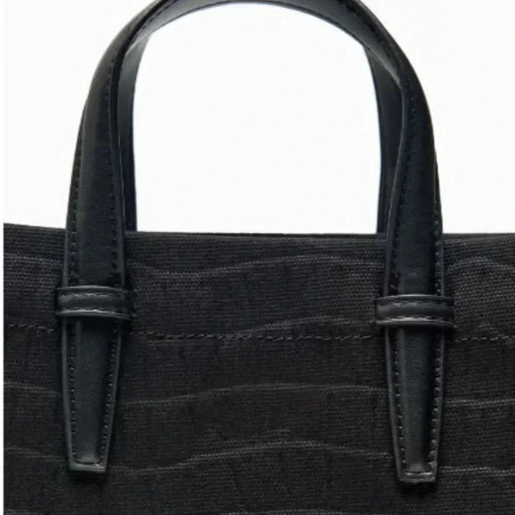 Zara | Black Mock Croc Mini Tote Bag/Faux Leather  and Fabric Satchel - Picture 10 of 15